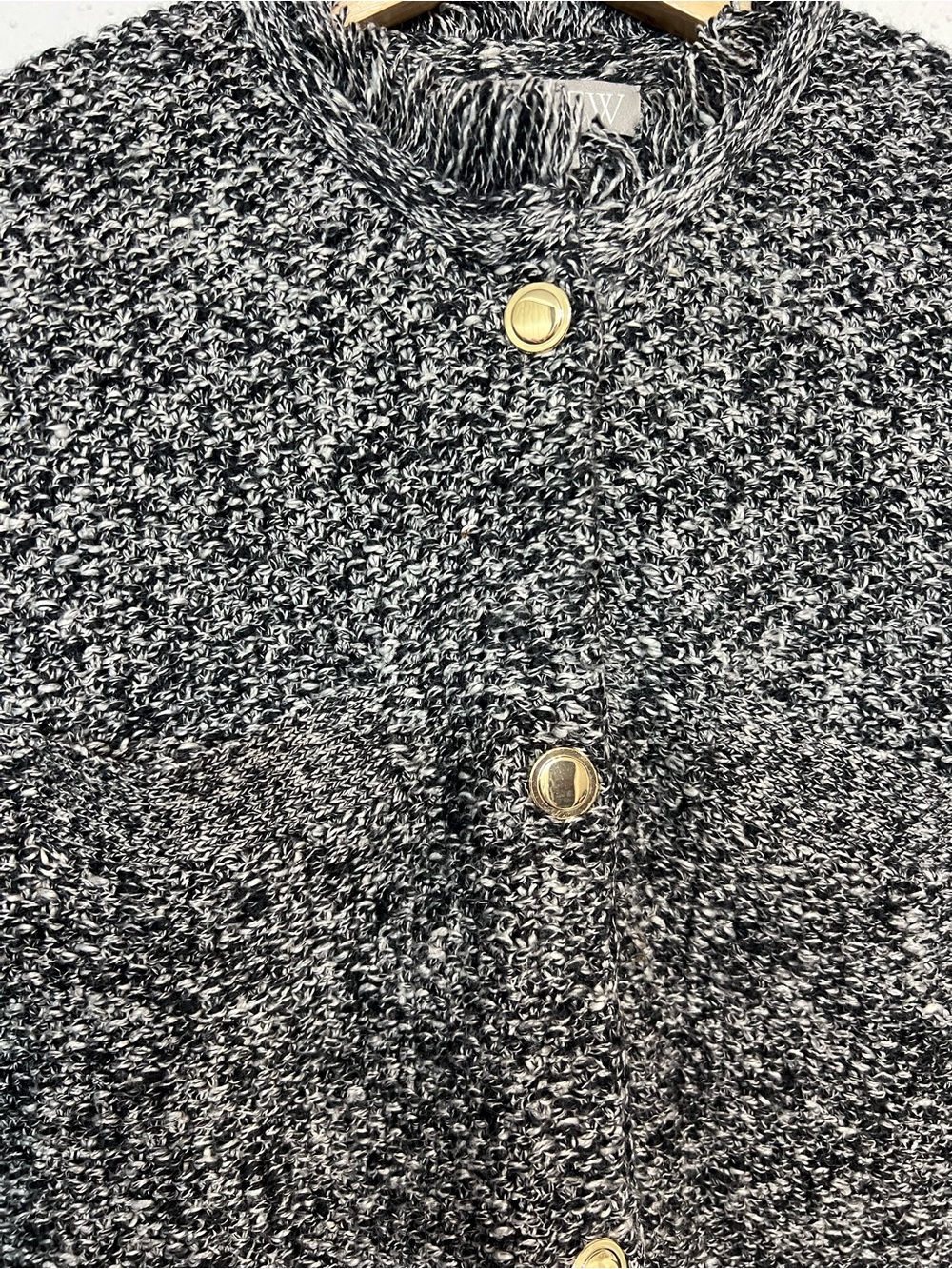 J.Crew Marled Black White Button Front Fringe Trim Lady Jacket Cropped Size L - Picture 4 of 6